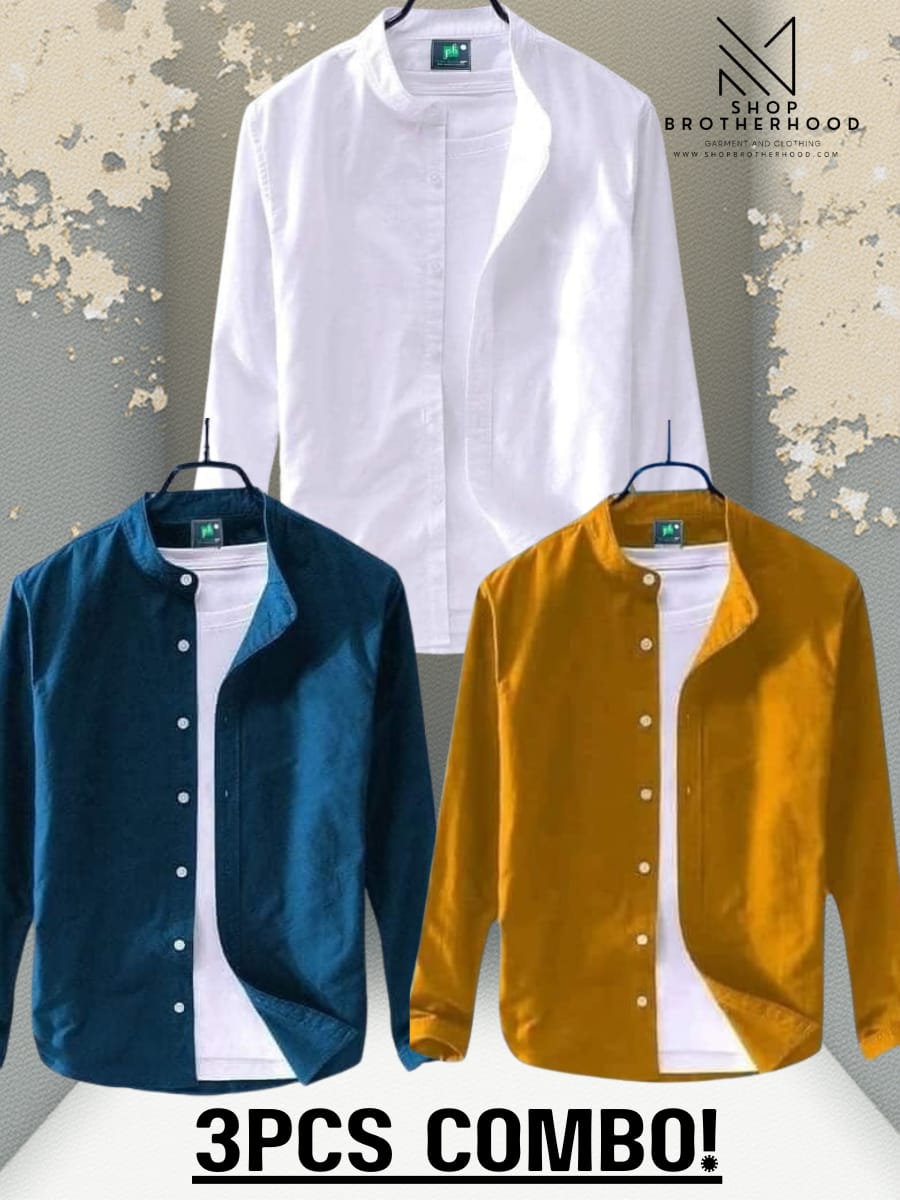 3 Pcs Casual Shirt Combo-Navy Blue, Yellow, White